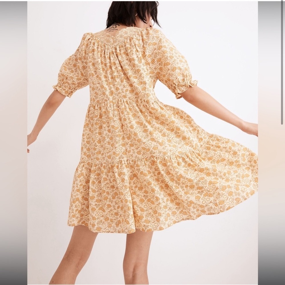 Madewell Women’s Eyelet Trim Tiered Mini Dress Gold Piccola Floral Puff Sleeve S - Picture 4 of 14